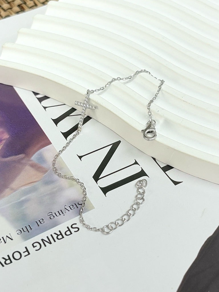 DAINTY CZ CROSS BRACELET - STERLING SILVER