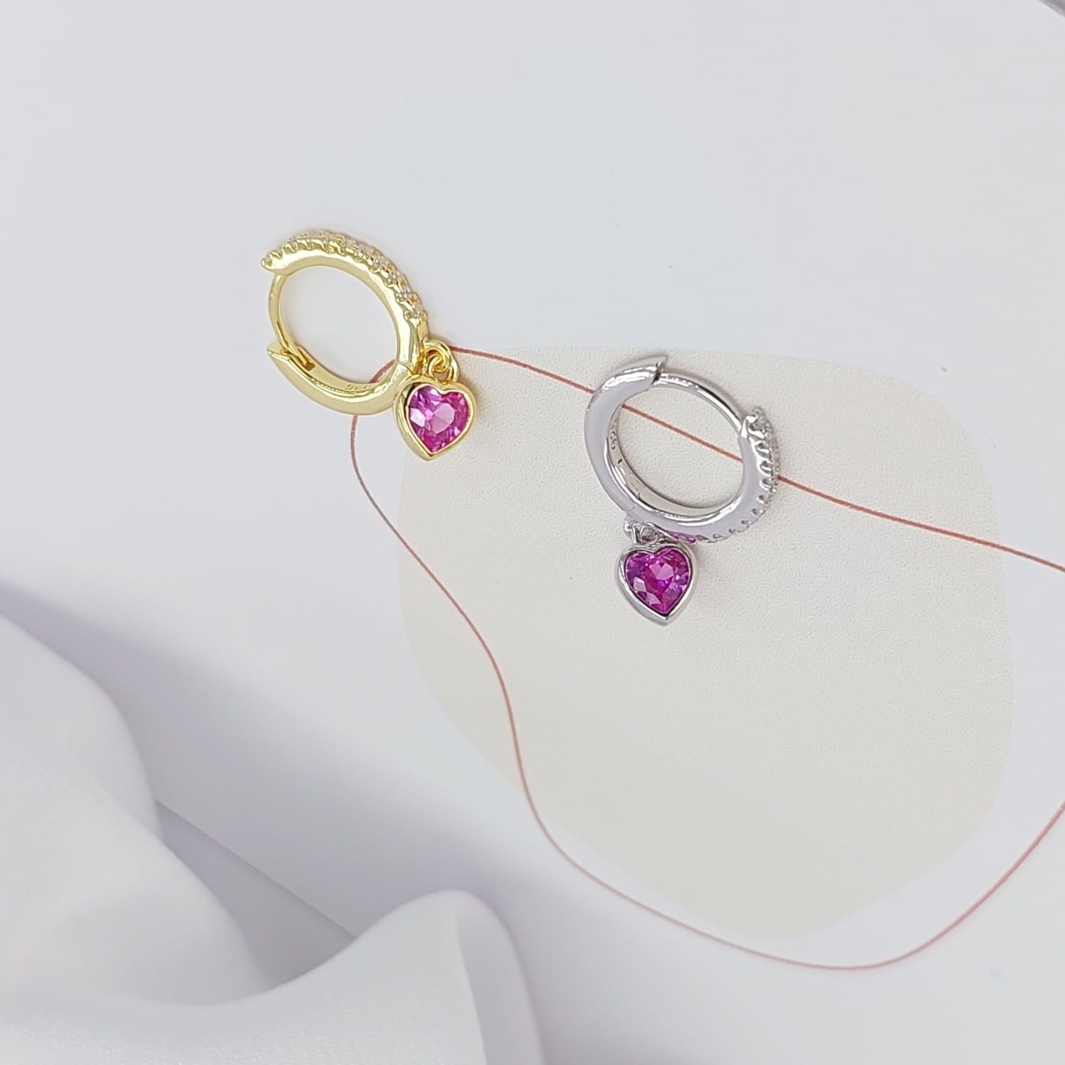 PINK HEART CZ HUGGIE EARRINGS  - STERLING SILVER