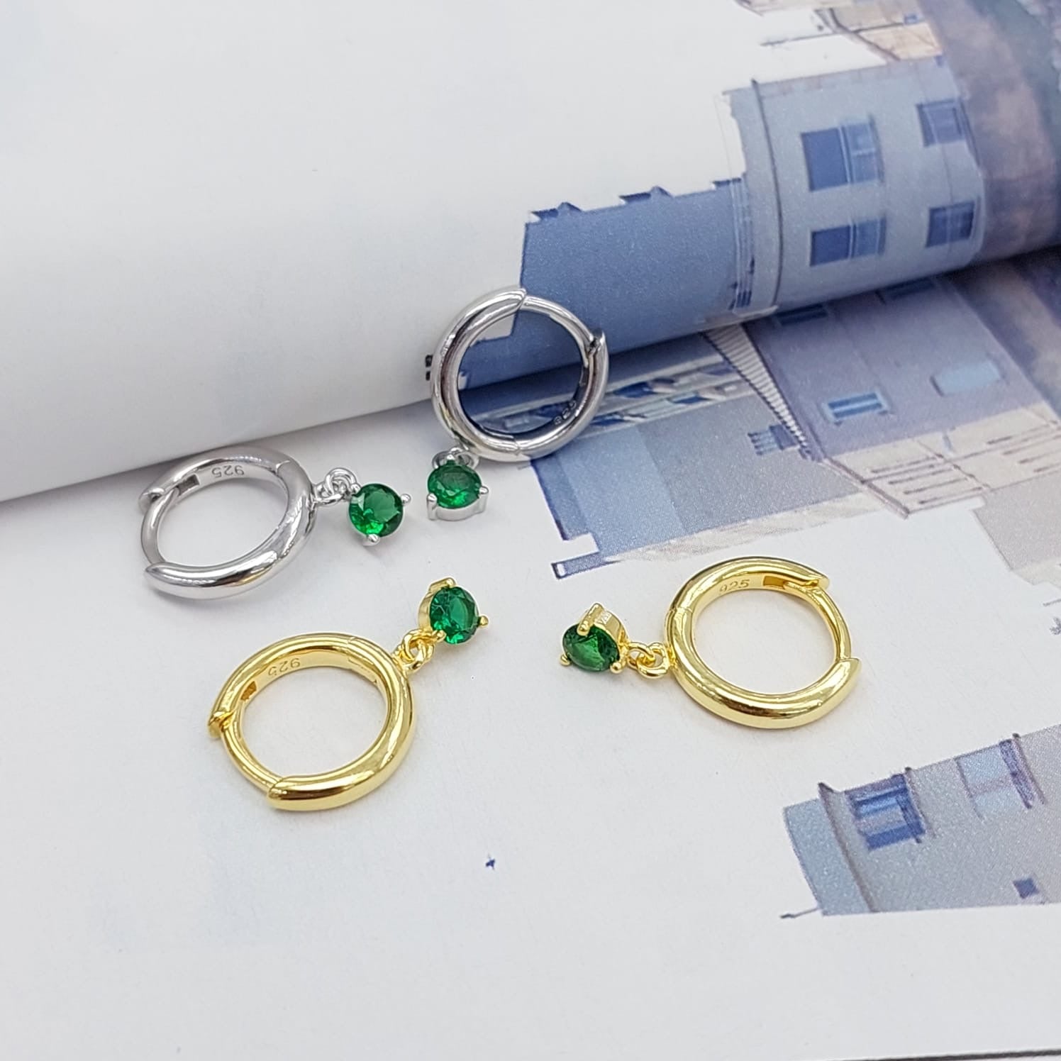 GREEN LIGHT HUGGIE EARRINGS - STERLING SILVER