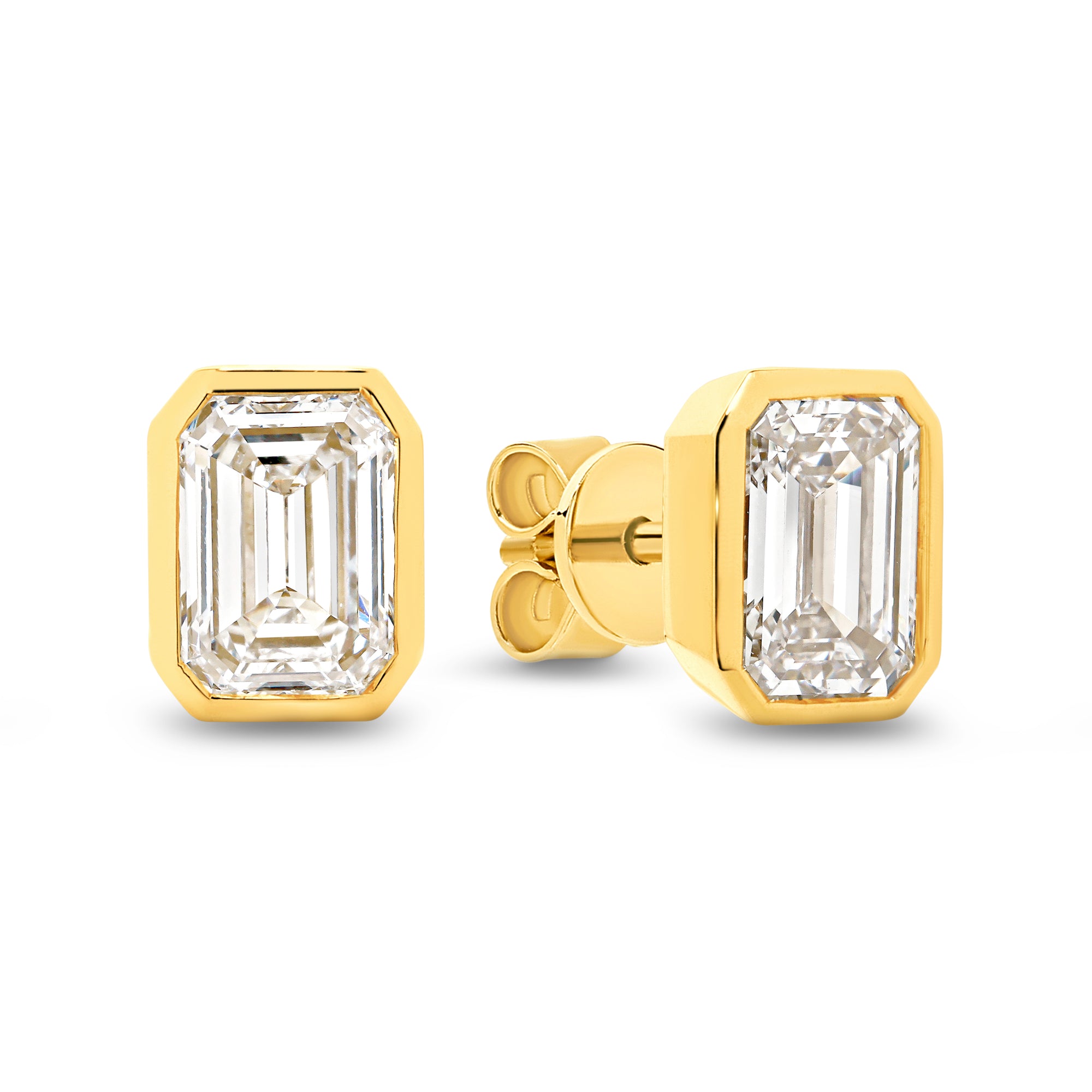 HEIRLOOM EMERALD CUT BEZEL DIAMOND STUD EARRINGS - SOLID GOLD