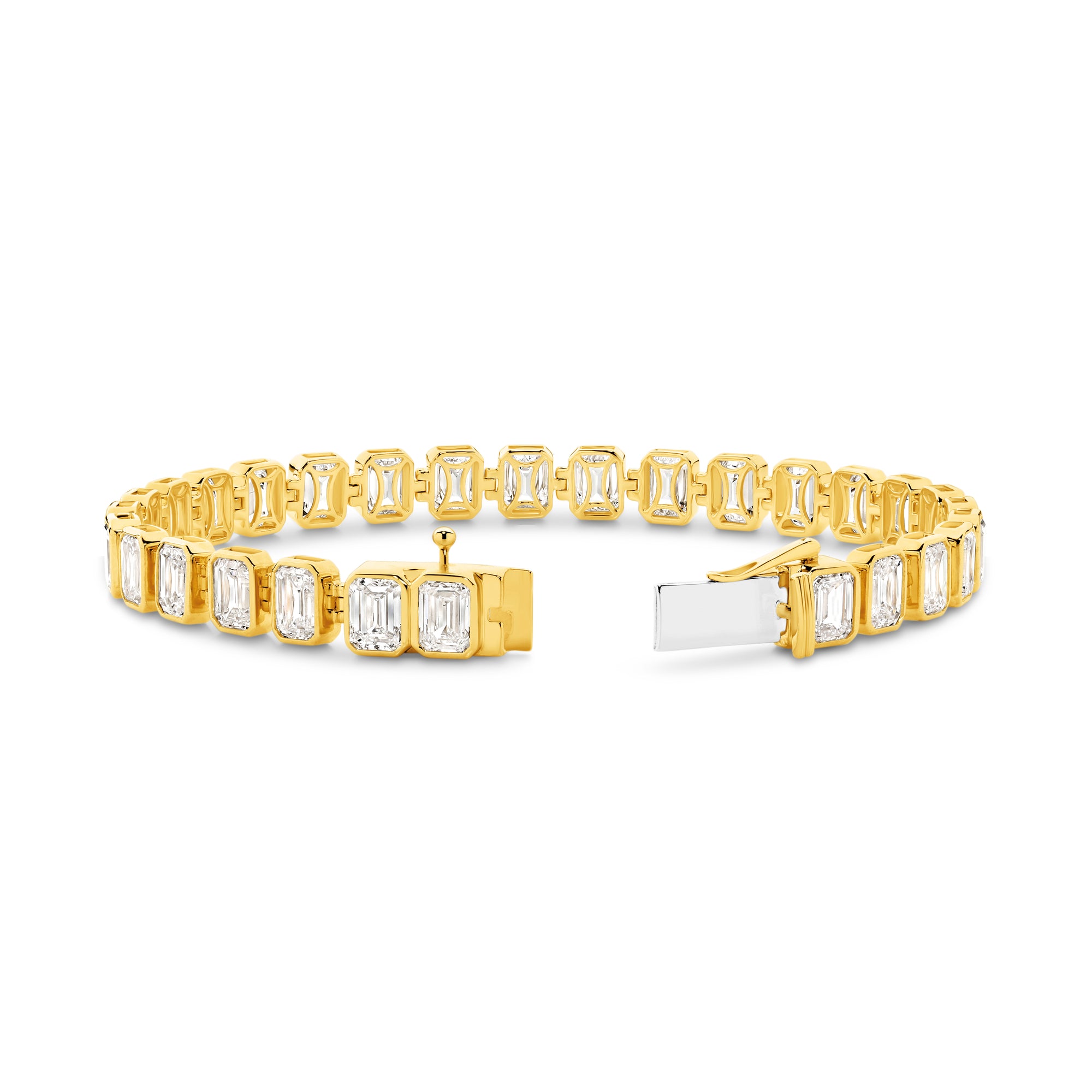 15CT BEZEL EMERALD CUT DIAMOND TENNIS BRACELET - 9CT GOLD