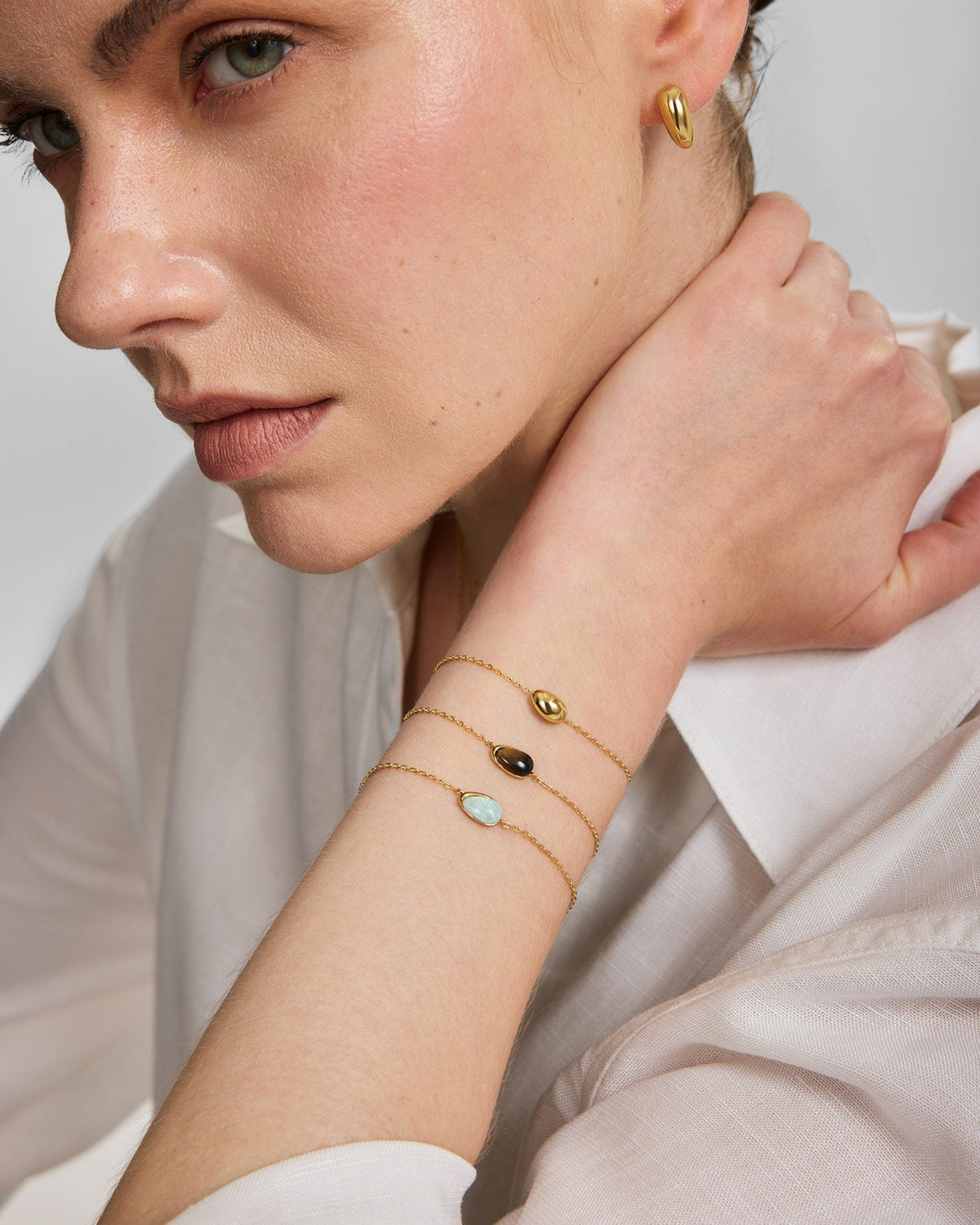 Gold Bezel Amazonite Organic Dome Pebble Bracelet