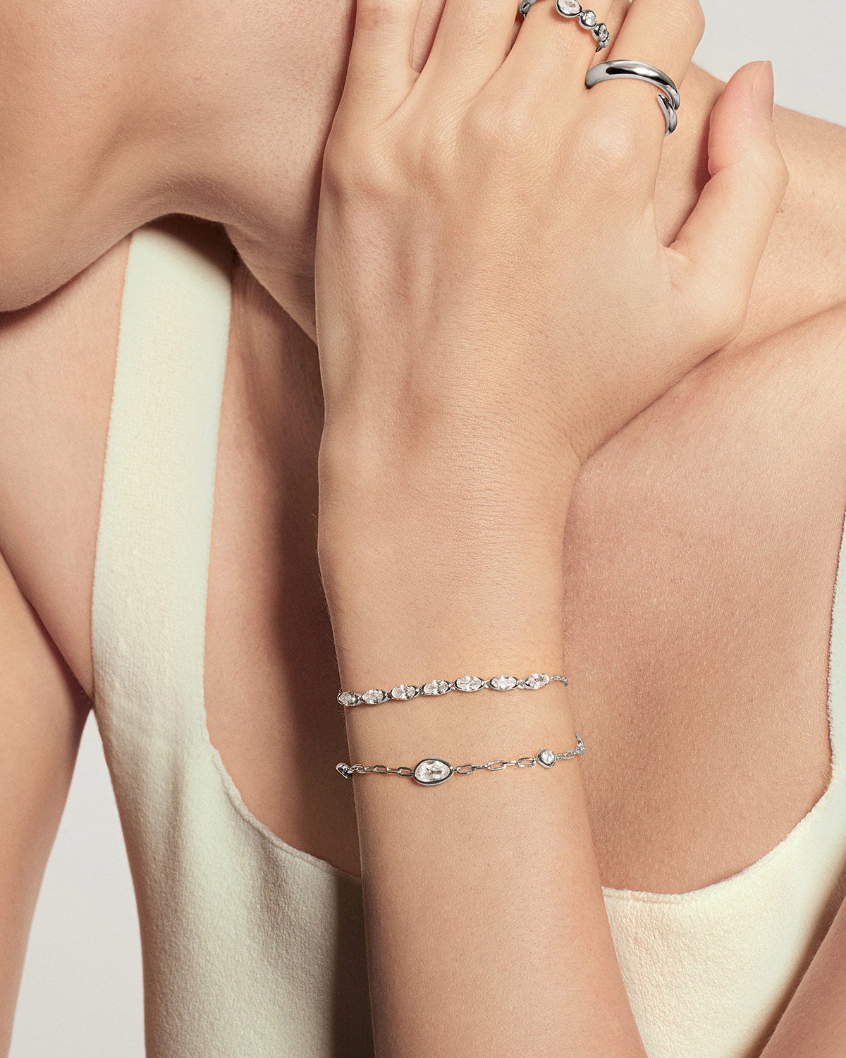 Silver Bezel Organic Dome Pebble Station Bracelet