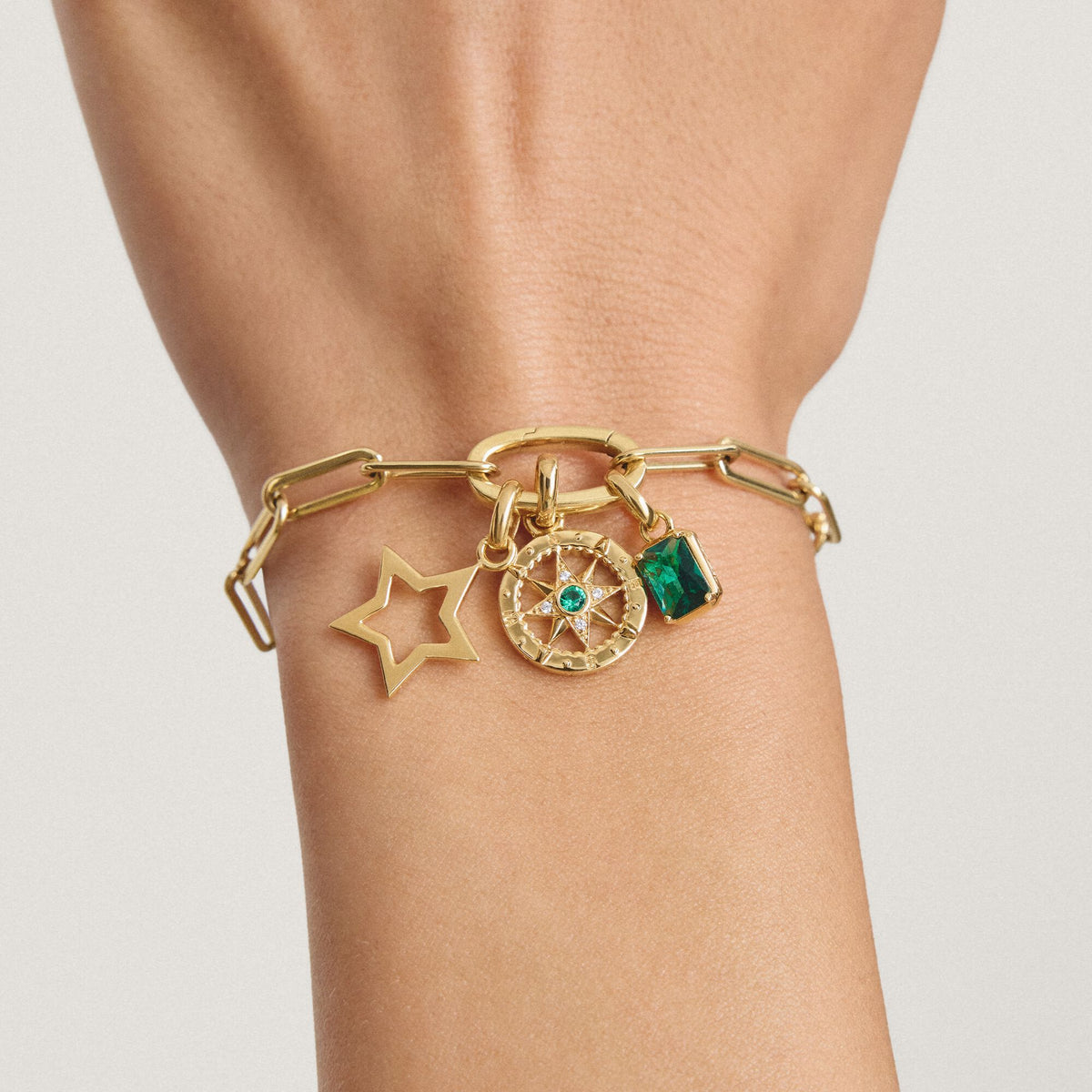 Gold-Plated Compass Charm with Green Nano Crystal