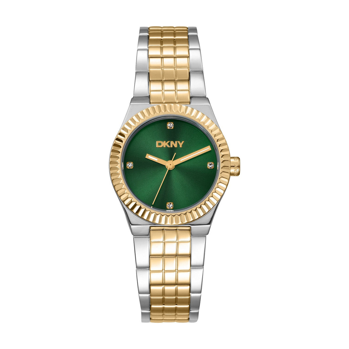 DKNY Essentials Two Tone Stainless Steel 28mm Green Dial Watch and Gold Stainless Steel Bracelet Set