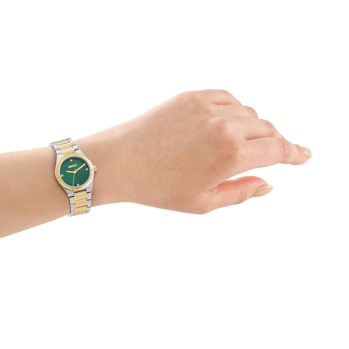DKNY Essentials Two Tone Stainless Steel 28mm Green Dial Watch and Gold Stainless Steel Bracelet Set
