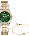 DKNY Essentials Two Tone Stainless Steel 28mm Green Dial Watch and Gold Stainless Steel Bracelet Set
