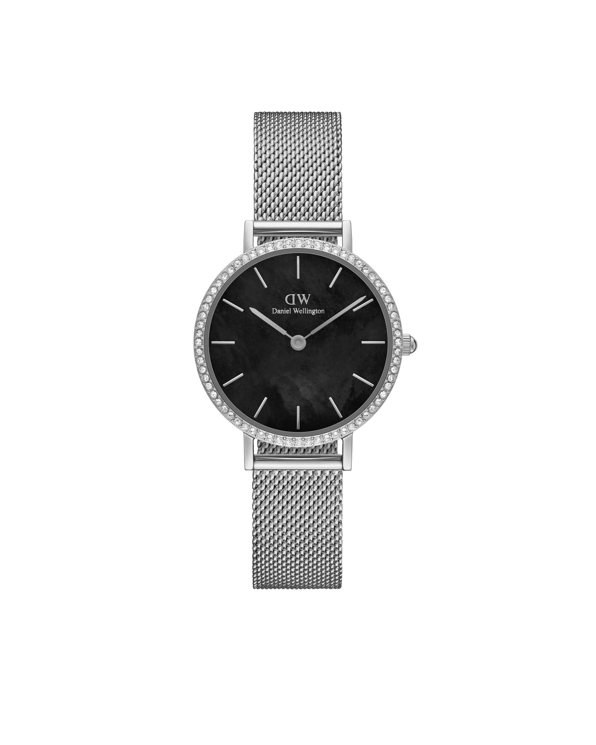 Daniel Wellington Petite 28 Bezel Mesh Black Mother of Pearl Silver Watch