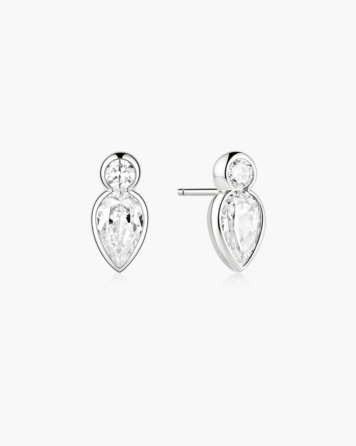Silver Bezel Inverted Teardrop &amp; Round Stud Earrings