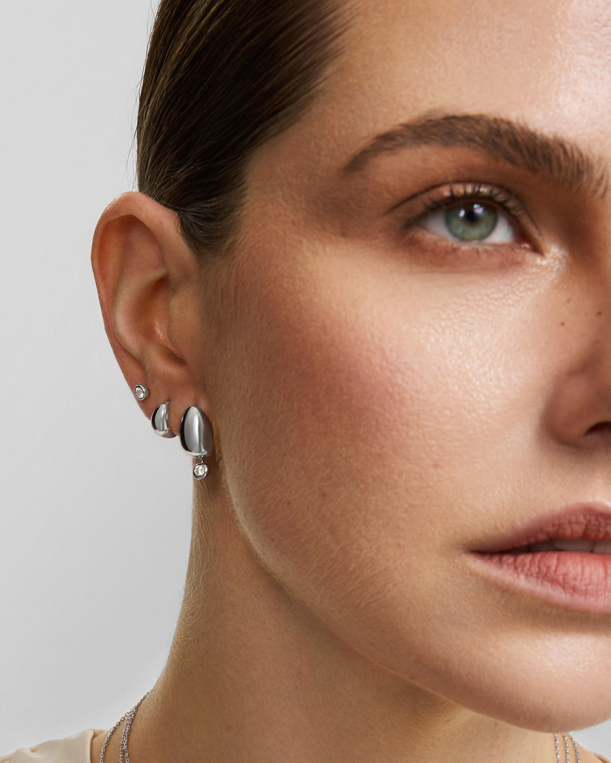 Silver Organic Dome Pebble with Bezel Dangle Stud Earrings