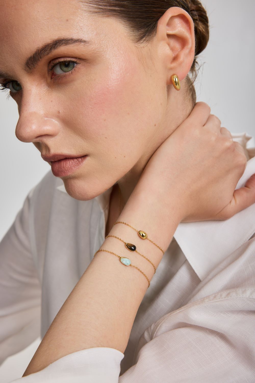 Gold Bezel Amazonite Organic Dome Pebble Bracelet
