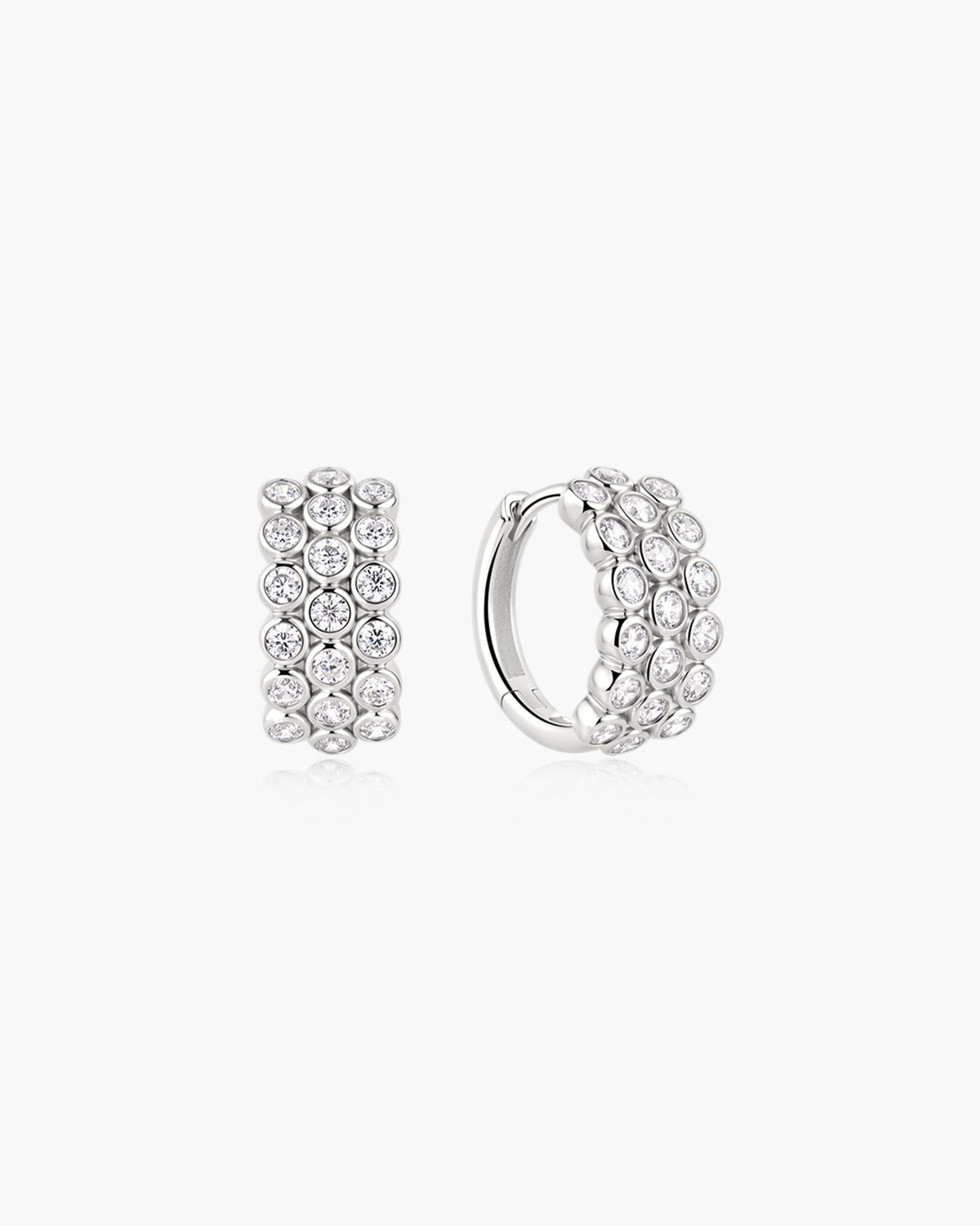 Silver Triple Row Bezel Huggie Hoop Earrings