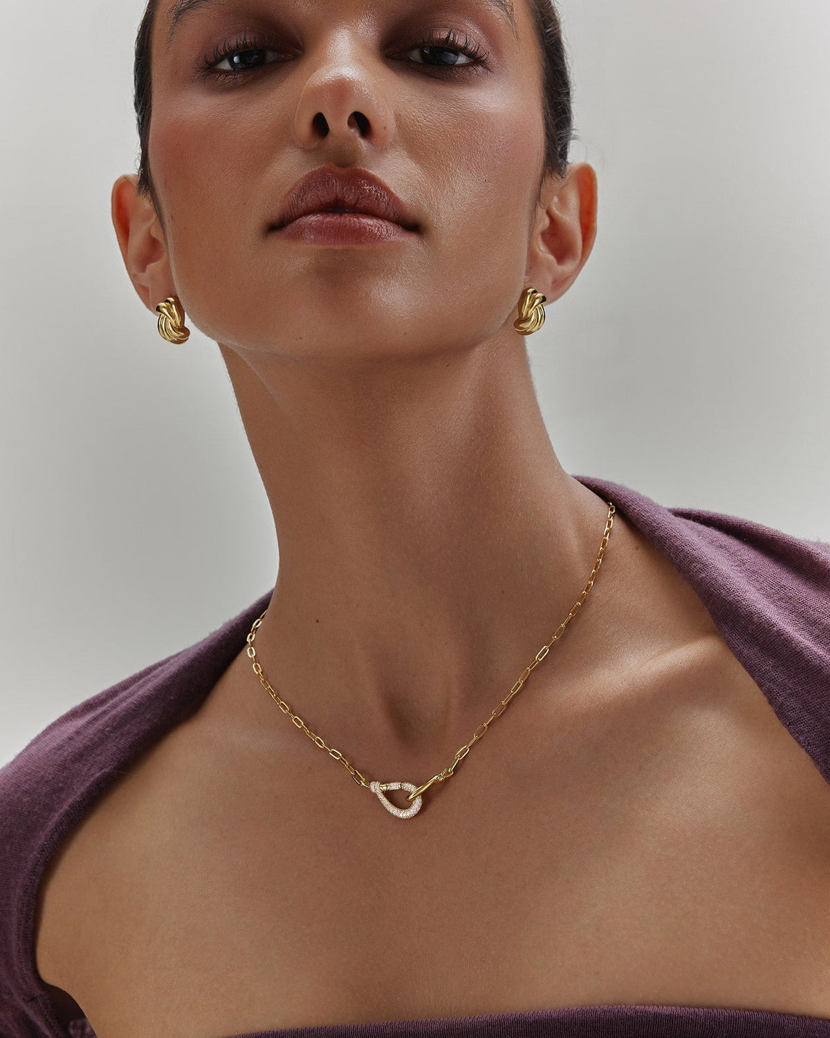Gold Interlocked Pave &amp; Polished Knot Necklace
