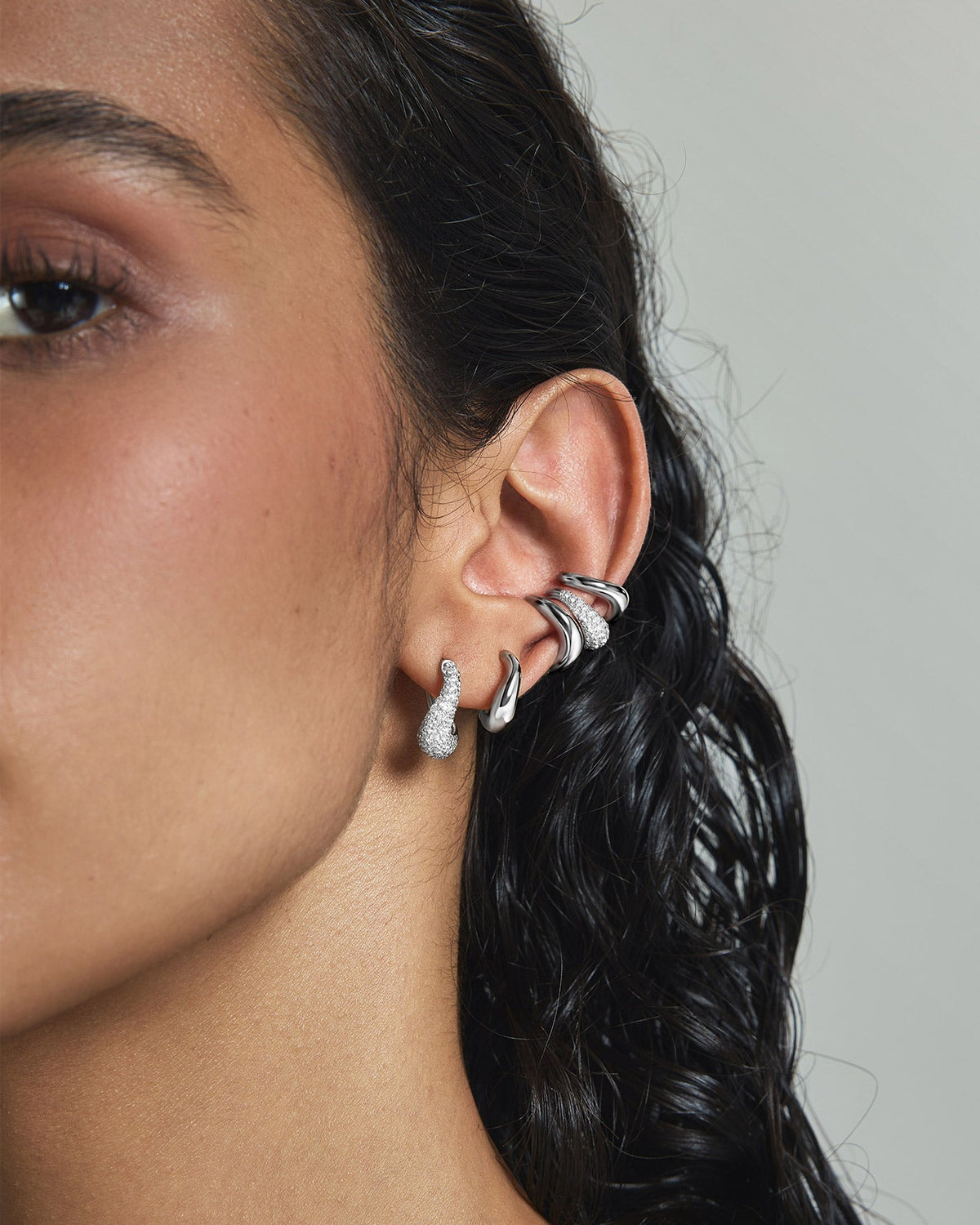 Silver Pave Wave Huggie Hoop Earrings