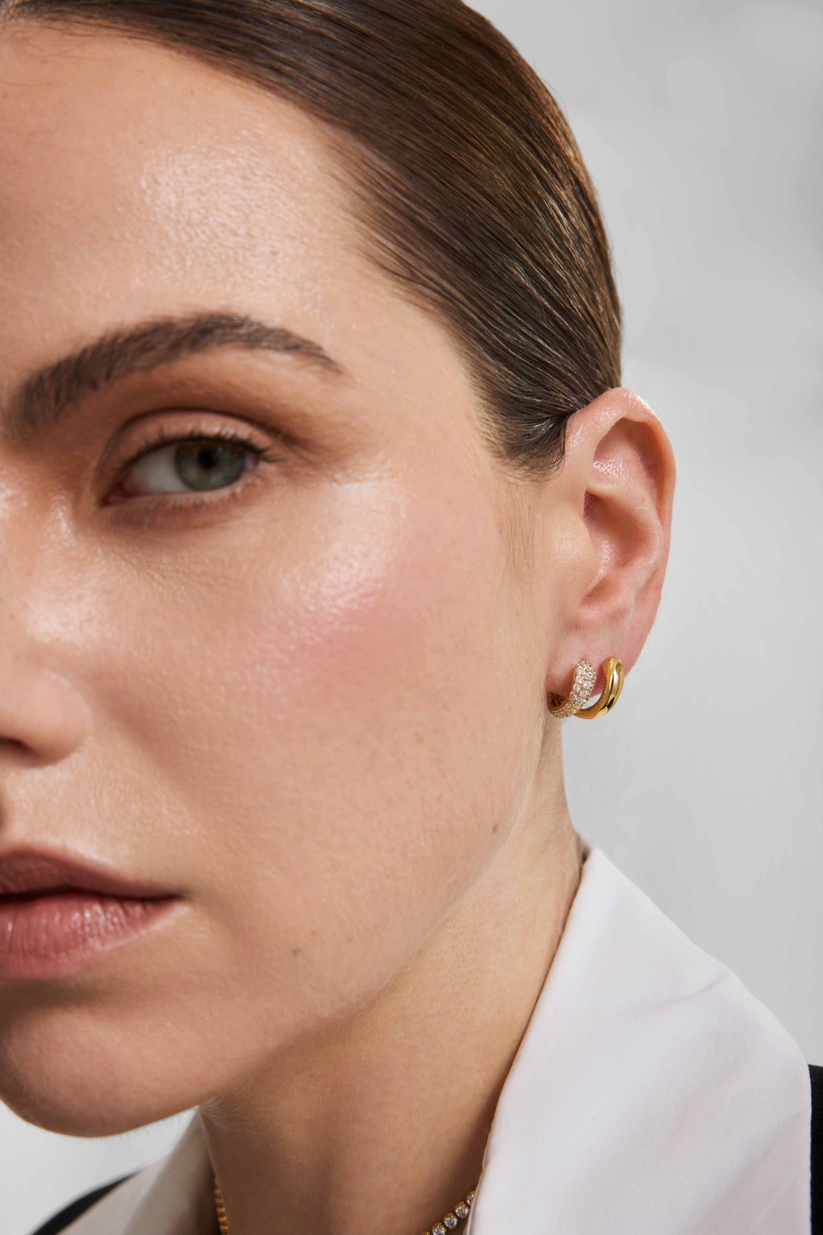 Gold Spiral Half Pave &amp; Polish Huggie Hoop Earrings