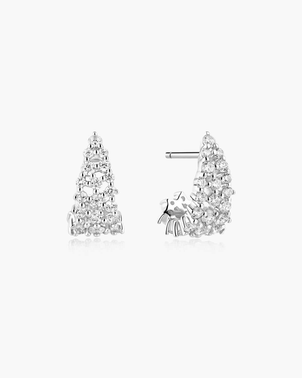 Silver Pave Openwork Curved Stud Hoop Earrings