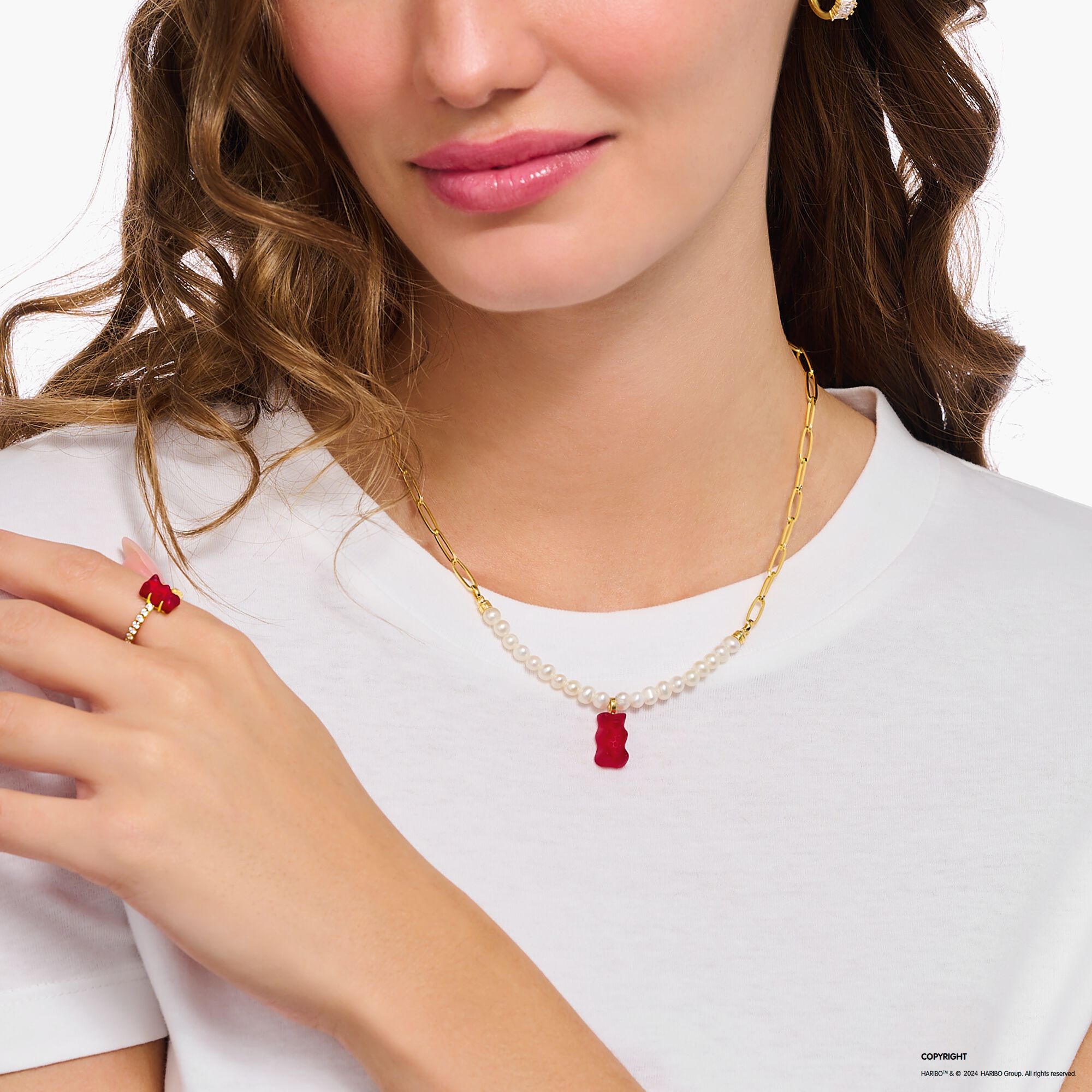 THOMAS SABO Link necklace with red goldbears &amp; freshwater pearls