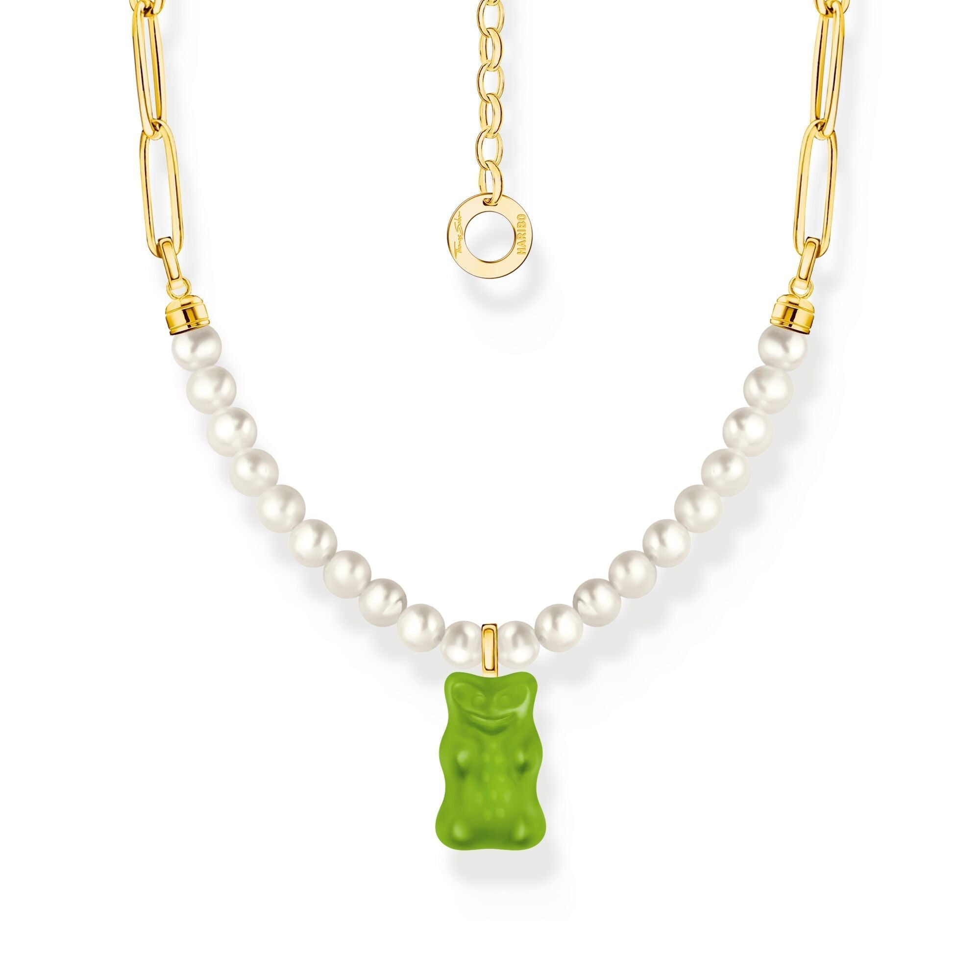 THOMAS SABO Link necklace with green goldbears &amp; freshwater pearls