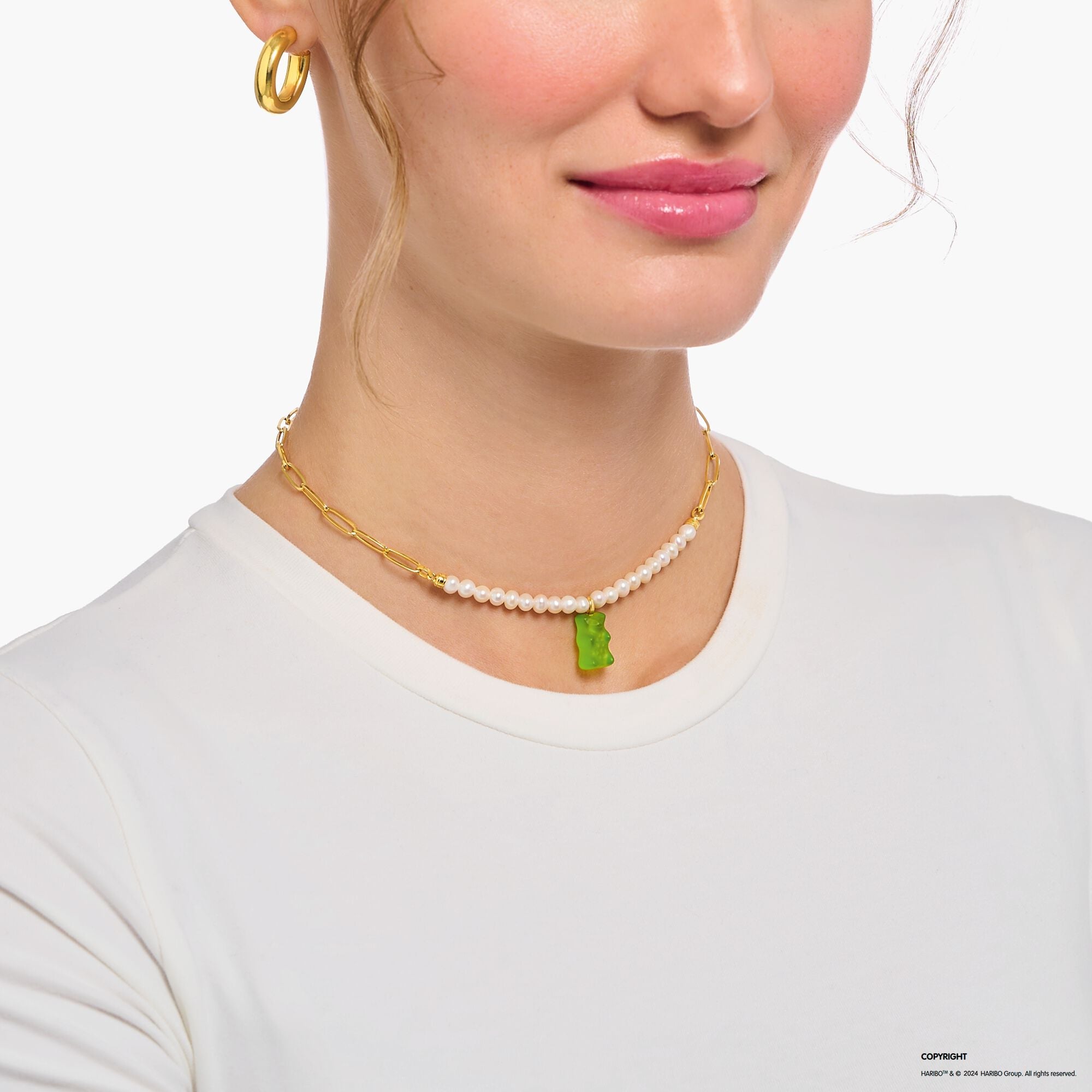 THOMAS SABO Link necklace with green goldbears &amp; freshwater pearls