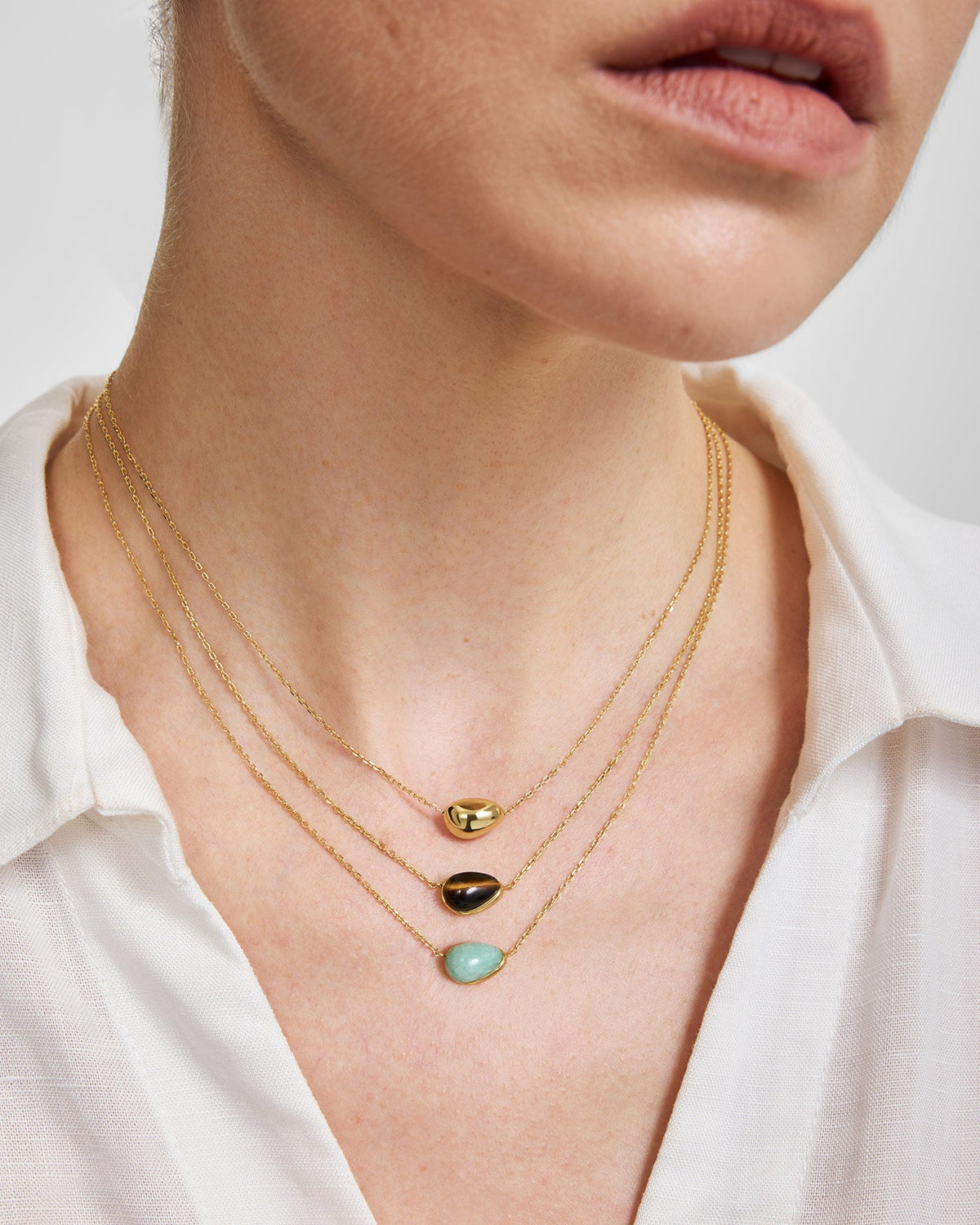 Gold Bezel Amazonite Organic Dome Pebble Necklace