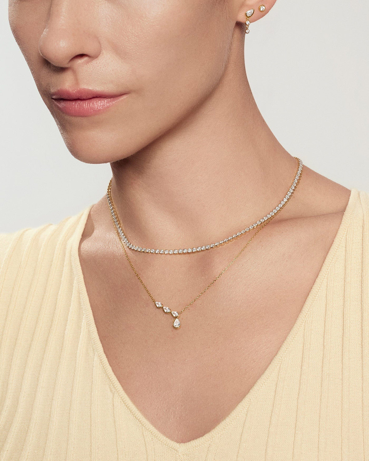 Gold Half-Bezel Angled &amp; Dangle Teardrop Necklace