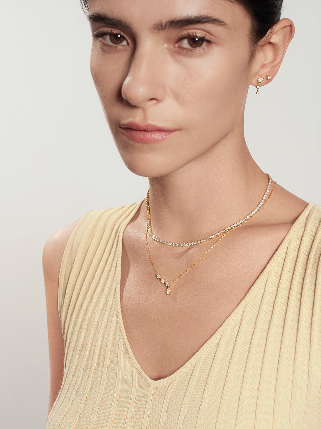 Gold Half-Bezel Angled &amp; Dangle Teardrop Necklace