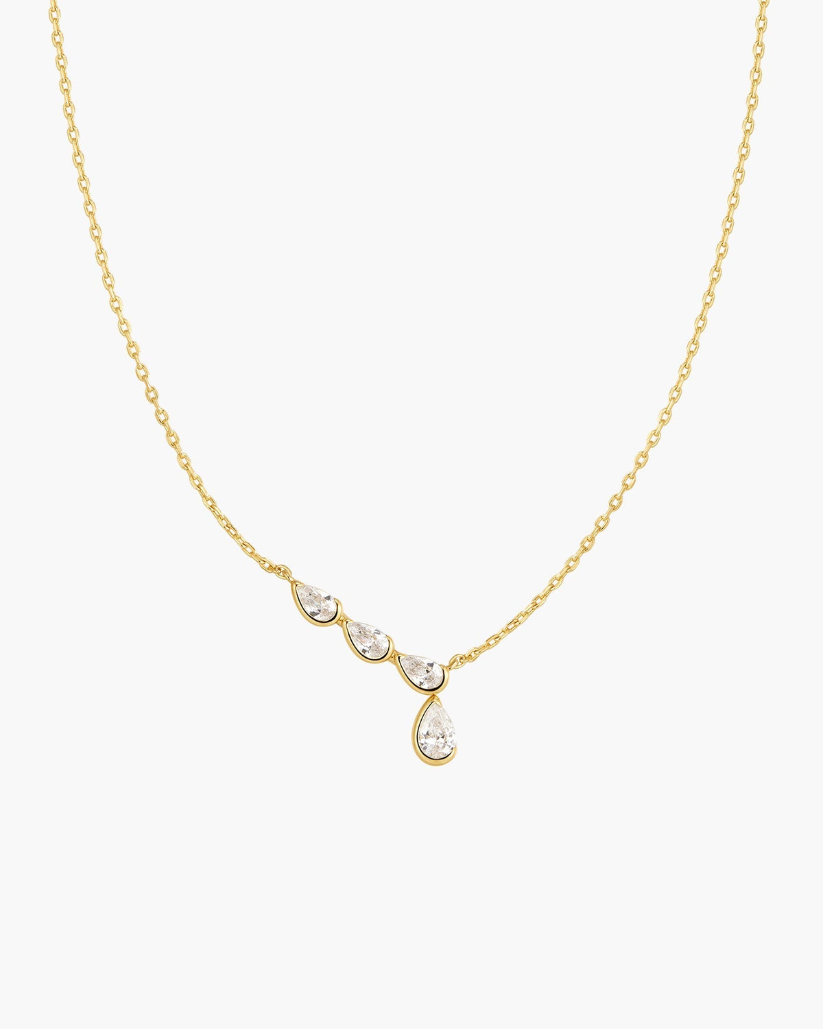Gold Half-Bezel Angled &amp; Dangle Teardrop Necklace