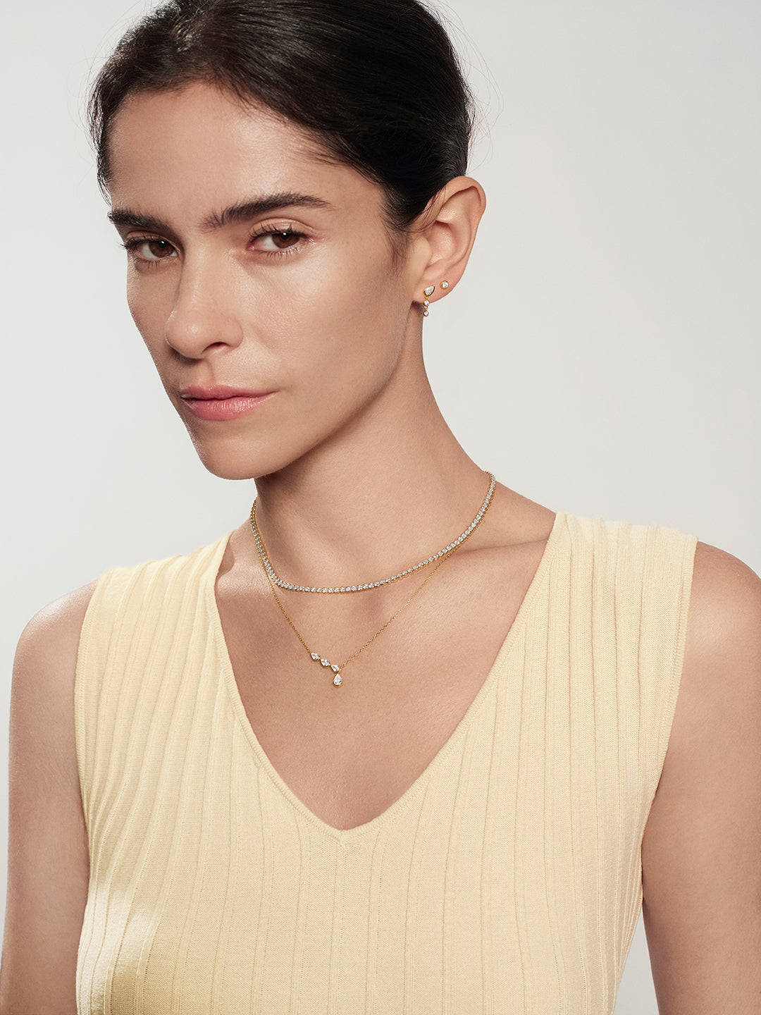 Gold Half-Bezel Angled &amp; Dangle Teardrop Necklace