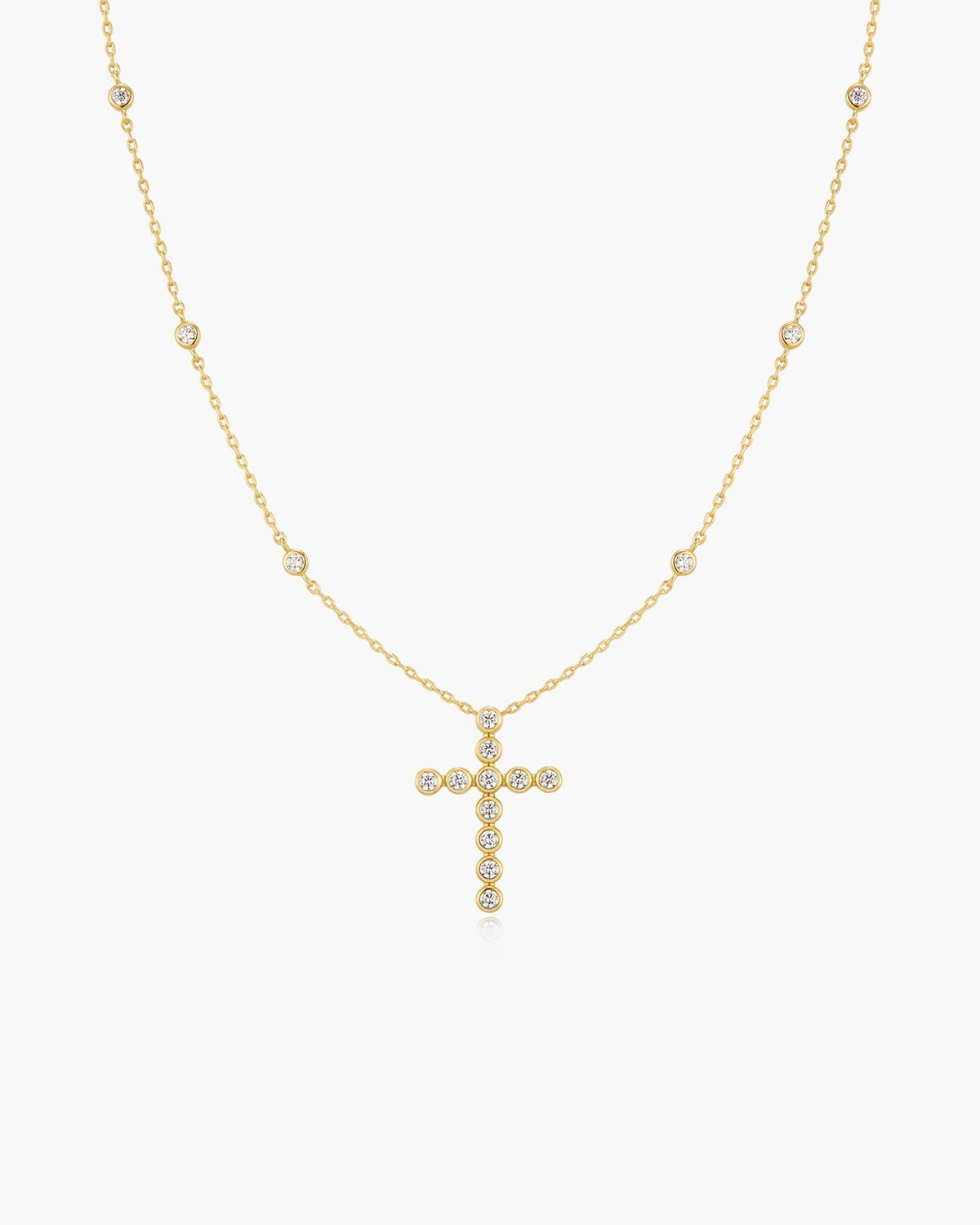 Gold Bezel-Set Station Necklace with Cross Pendant
