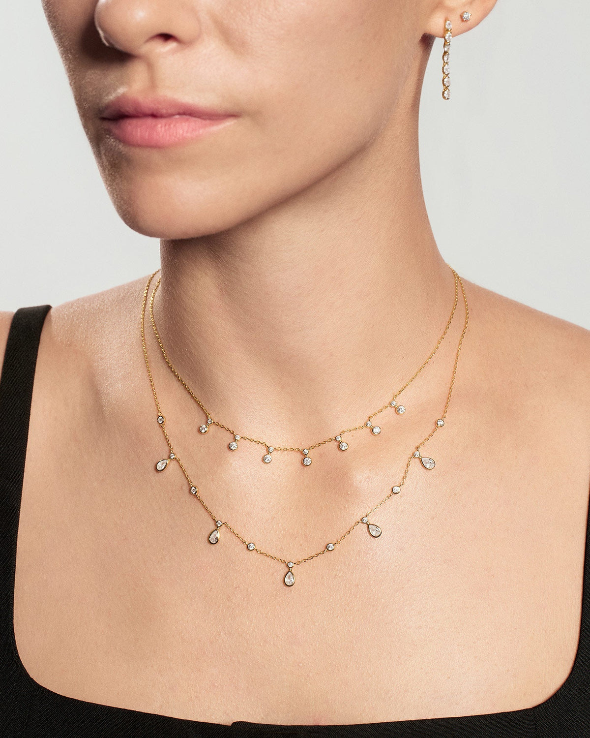 Gold Bezel Round &amp; Teardrop Drop Station Necklace