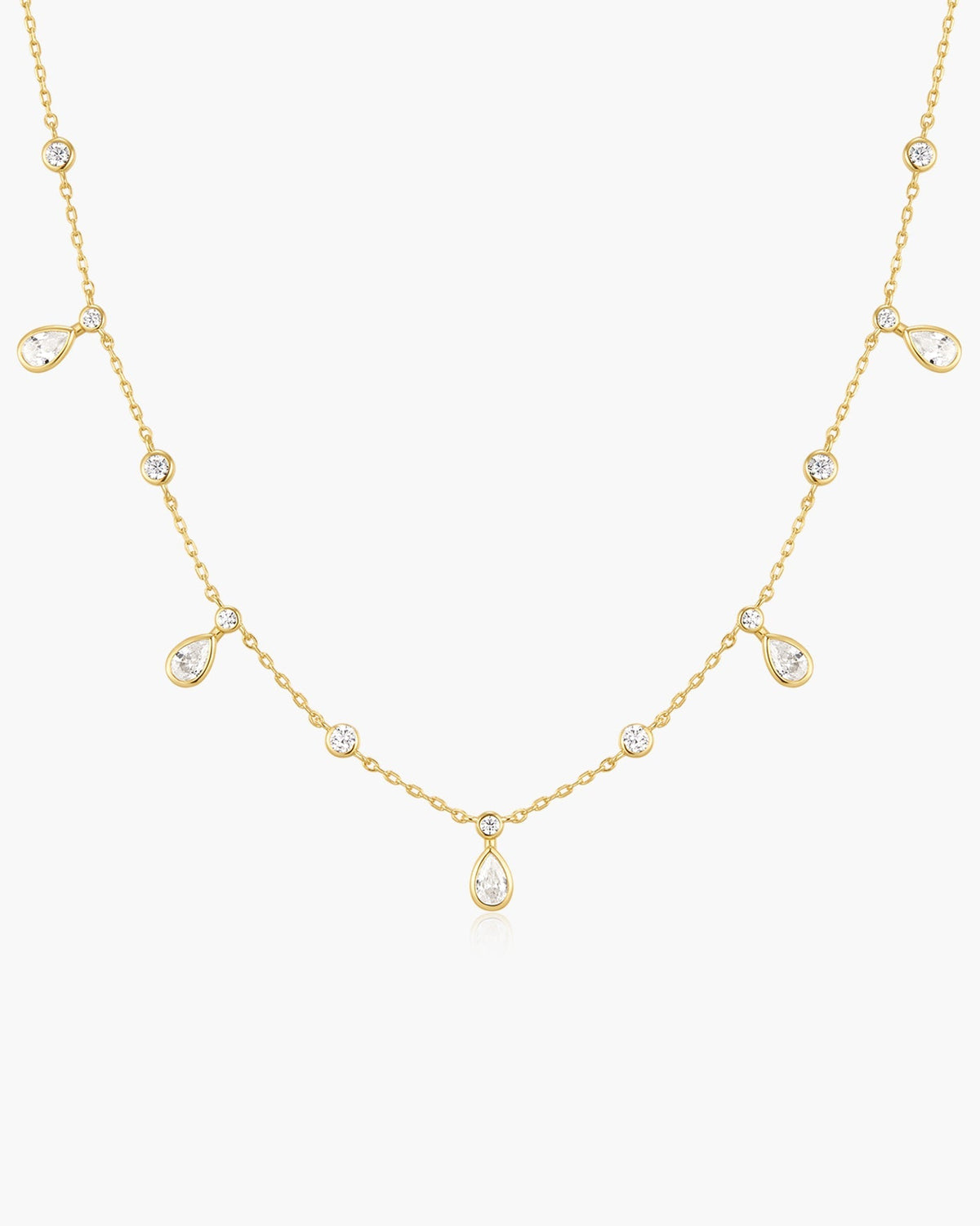 Gold Bezel Round &amp; Teardrop Drop Station Necklace