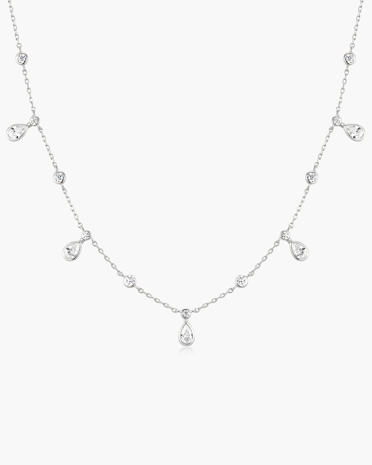Silver Bezel Round &amp; Teardrop Drop Station Necklace