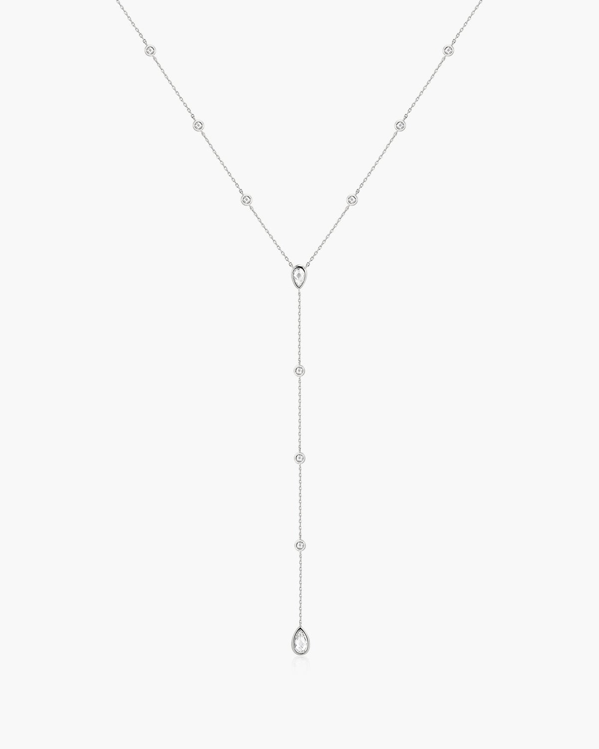 Silver Round &amp; Teardrop Bezel Station Y Necklace