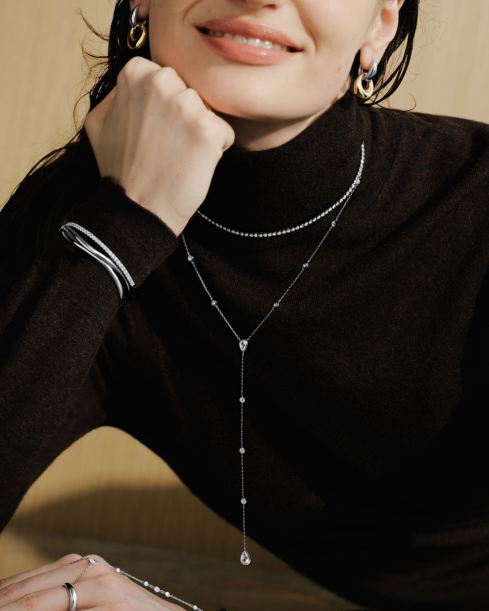 Silver Round &amp; Teardrop Bezel Station Y Necklace