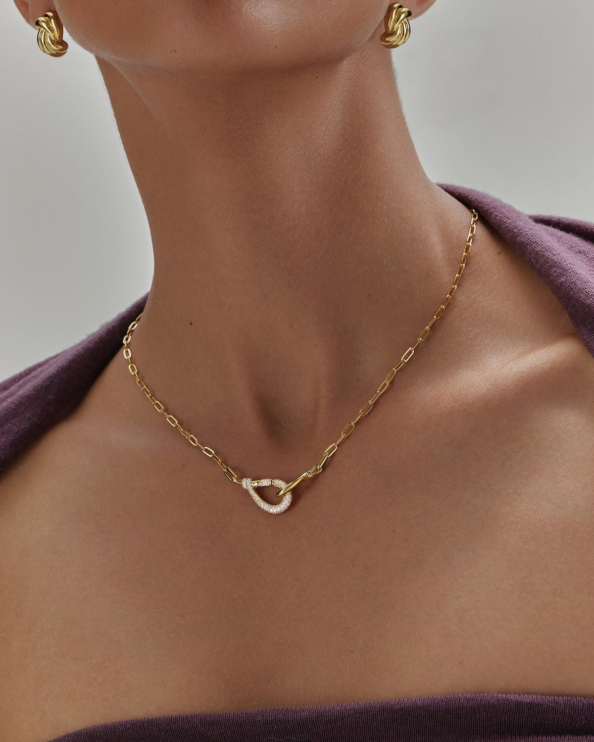 Gold Interlocked Pave &amp; Polished Knot Necklace