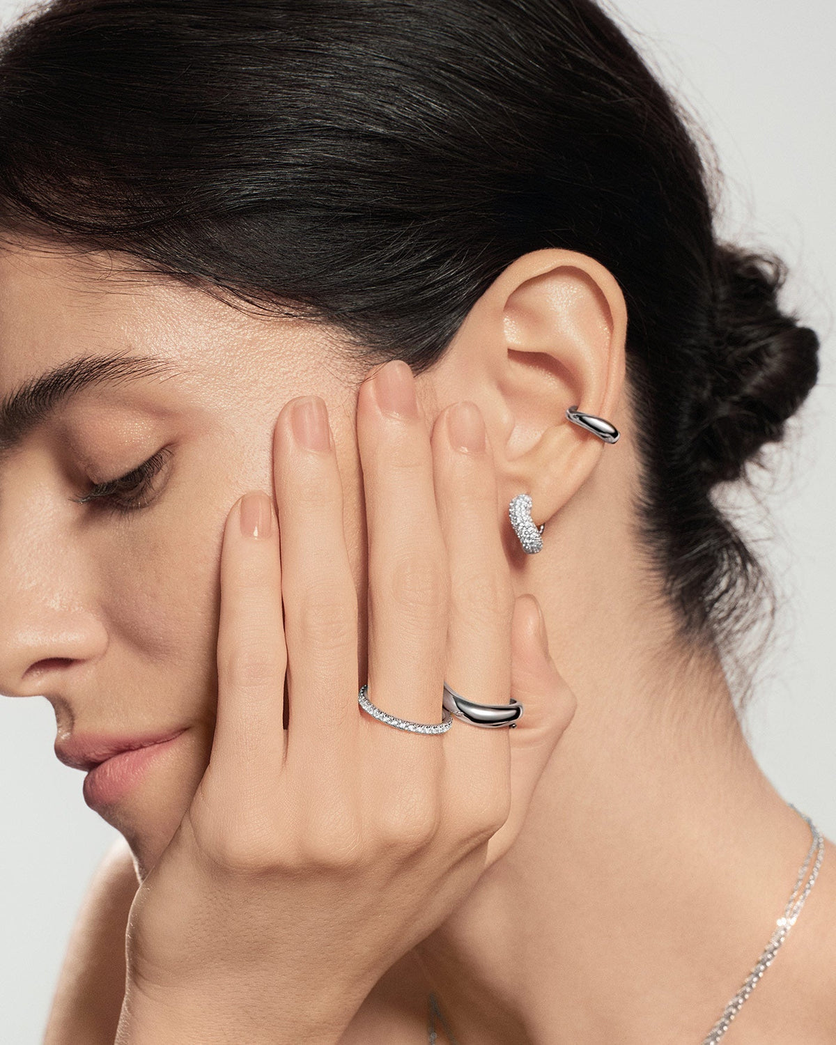 Silver Chunky Pave Wave Huggie Hoop Earrings