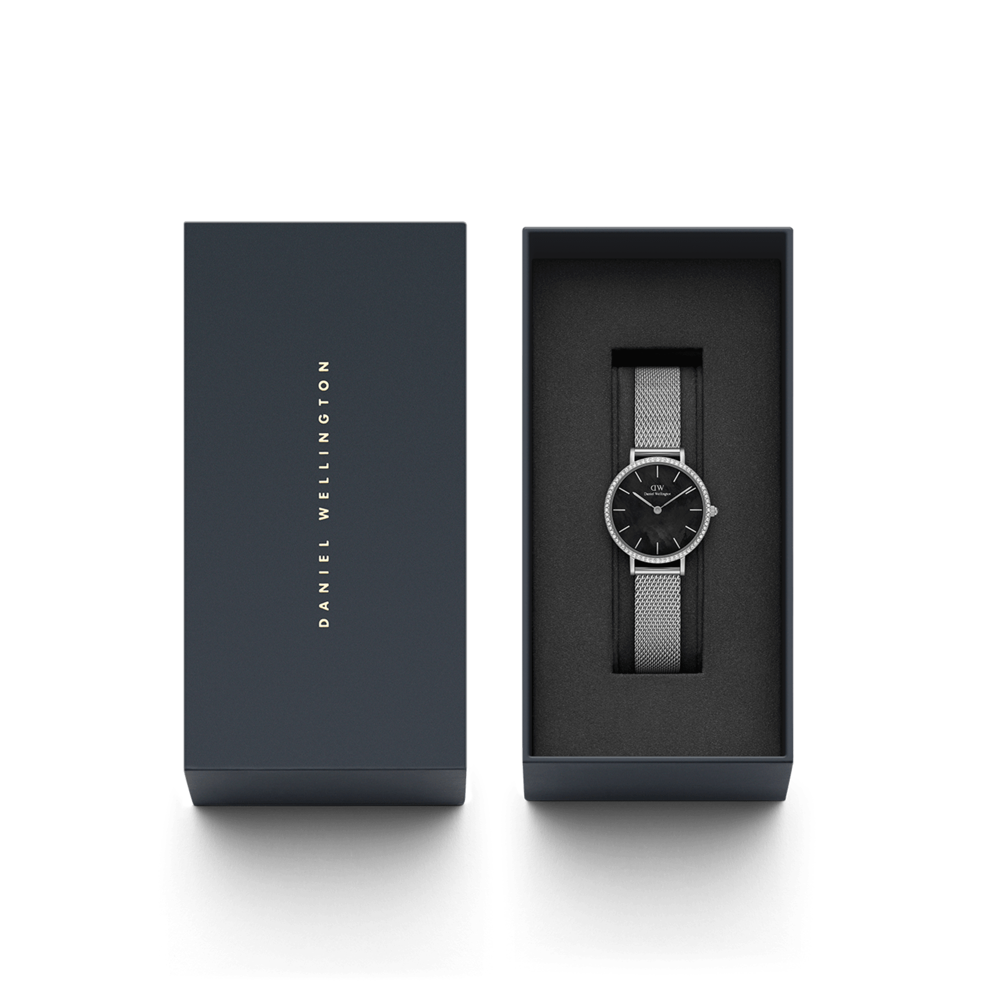 Daniel Wellington Petite 28 Bezel Mesh Black Mother of Pearl Silver Watch