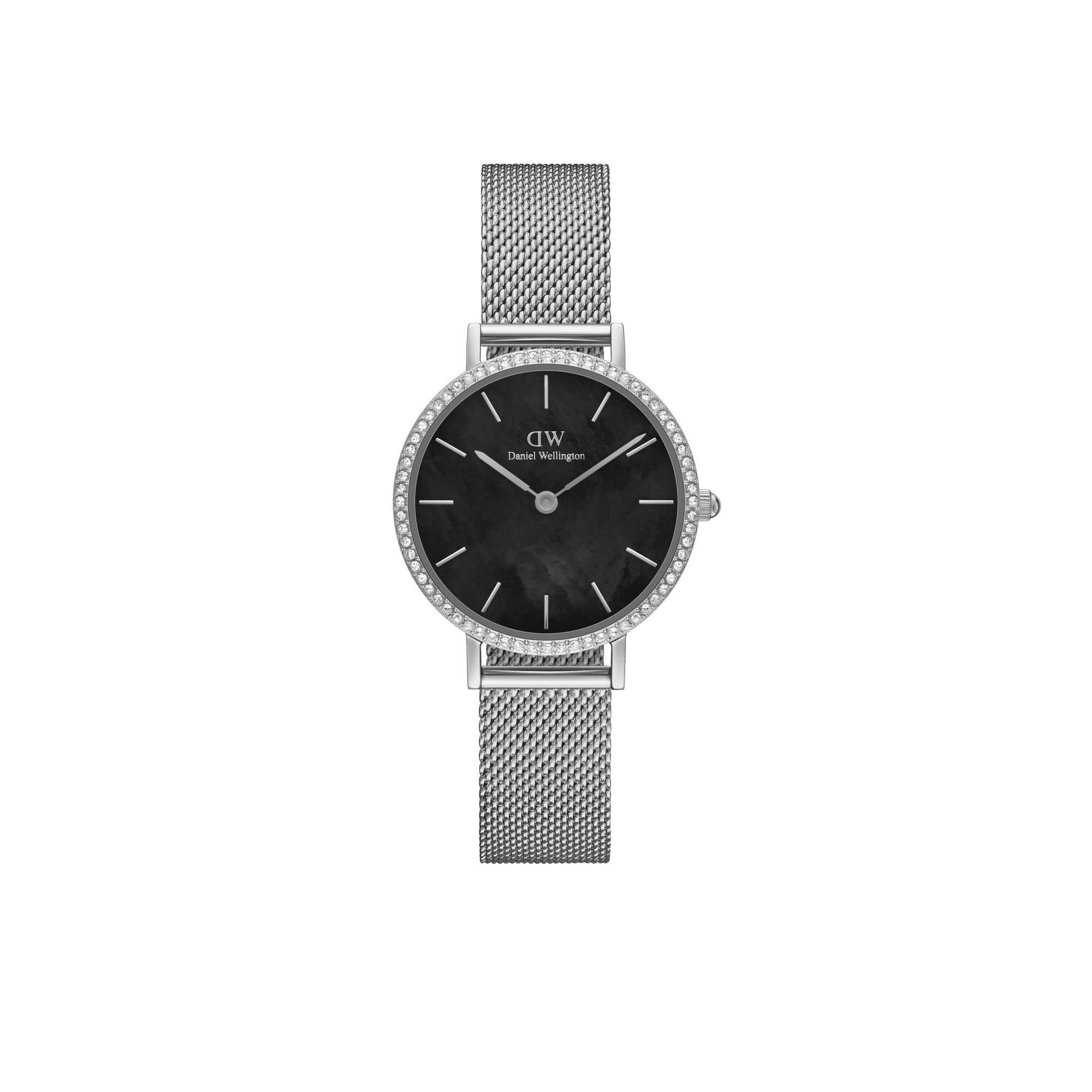 Daniel Wellington Petite 28 Bezel Mesh Black Mother of Pearl Silver Watch