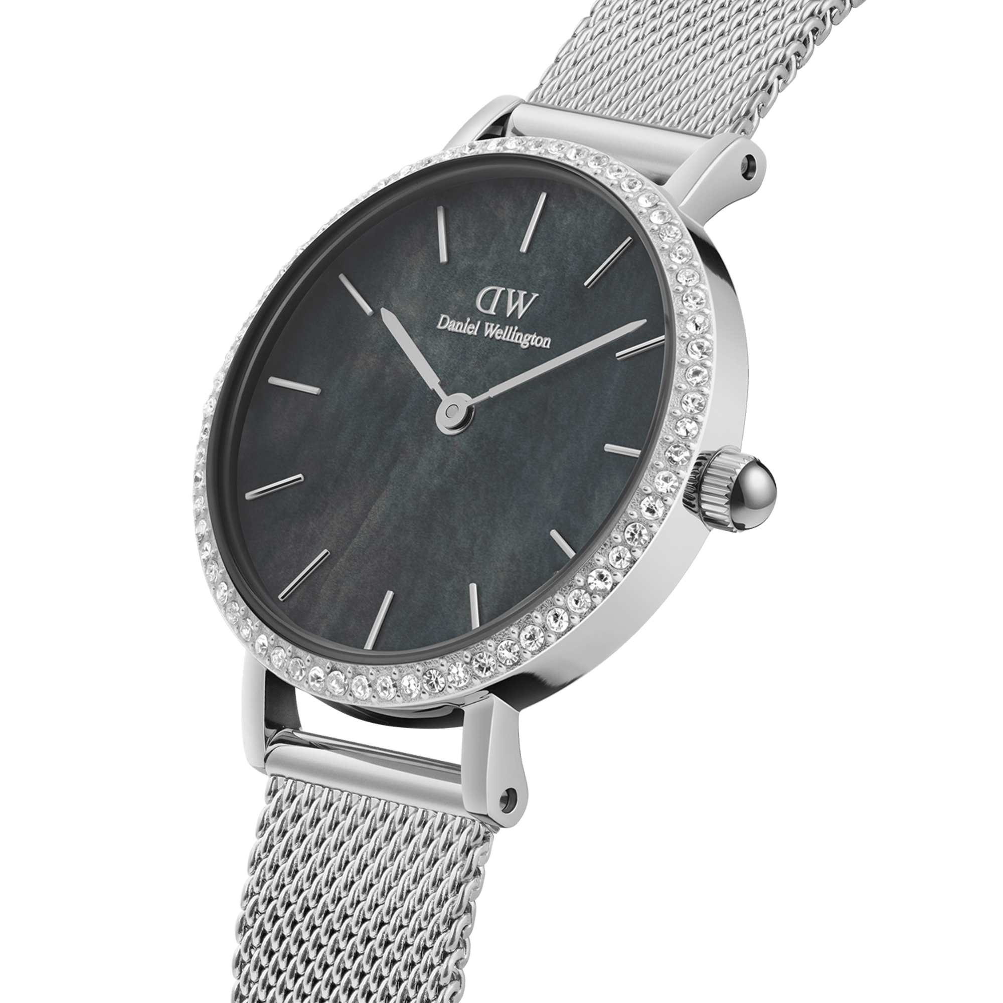 Daniel Wellington Petite 28 Bezel Mesh Black Mother of Pearl Silver Watch