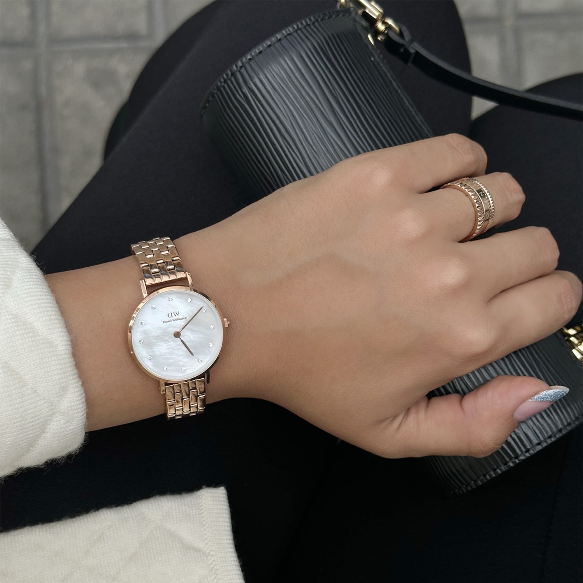 Daniel Wellington Petite Lumine 28 5-Link Rose Gold &amp; Mother of Pearl White Watch