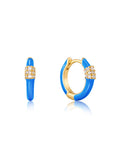 Neon Blue Enamel Carabiner Gold Huggie Hoop Earrings