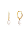 Ania Haie 14kt Gold Pearl Drop and White Sapphire Huggie Hoop Earrings