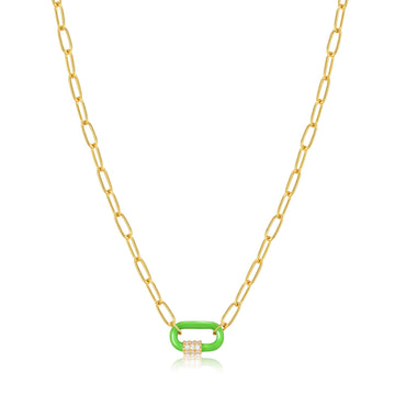 Neon Green Enamel Carabiner Gold Necklace