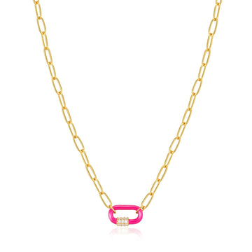 Neon Pink Enamel Carabiner Gold Necklace