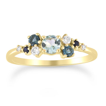 9CT ELISA AQUAMARINE, TOPAZ & DIAMOND RING